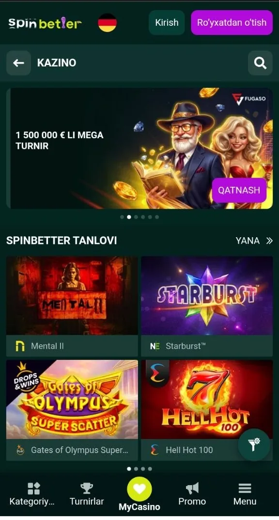 SpinBetter kazinosining bosh sahifasi va slotlar vitrinasi