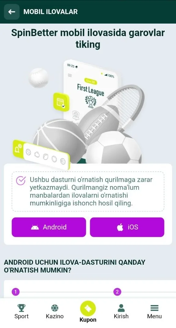 SpinBetter mobil klientini yuklab olish sahifasi