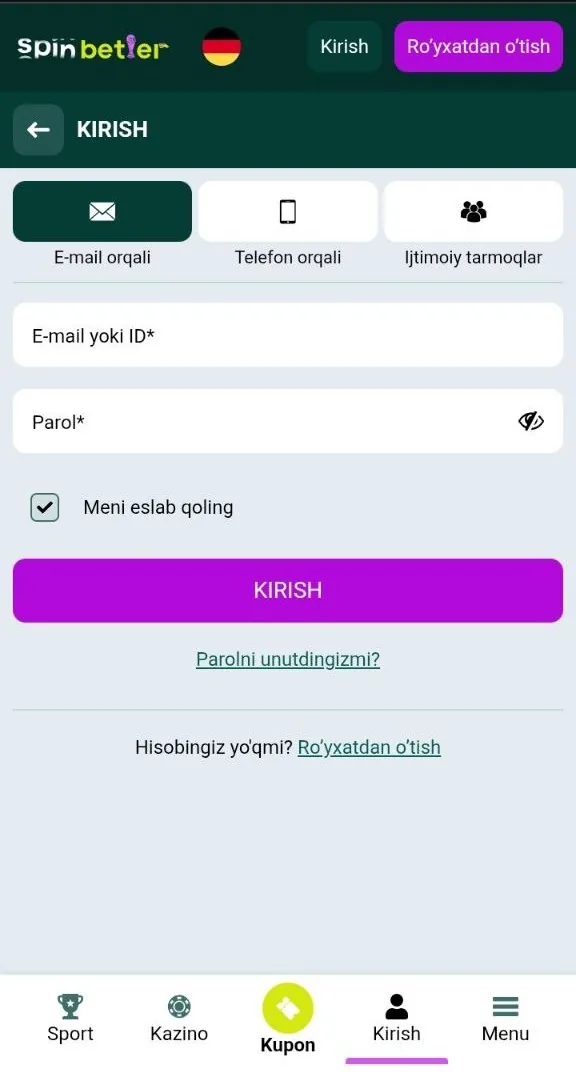 SpinBetter shaxsiy kabinetiga kirish shakli