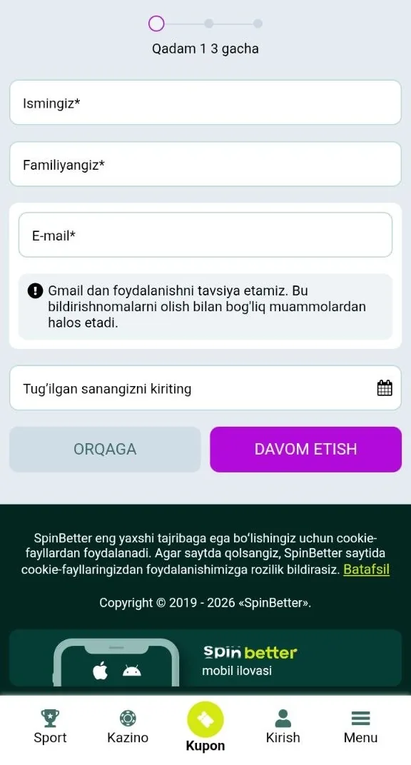 SpinBetter kazinosida hisob ochish anketasi